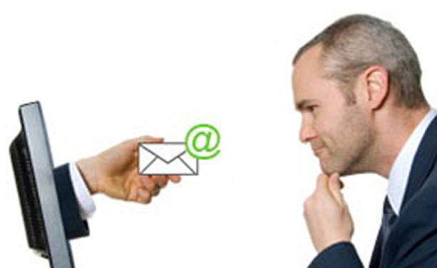 virtual hand giving blank card at man in suit